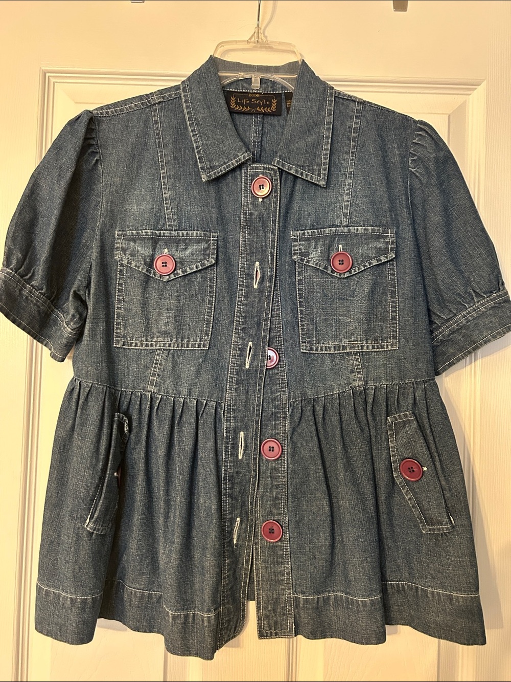 Denim Button-Front Peplum Shirt - Blue